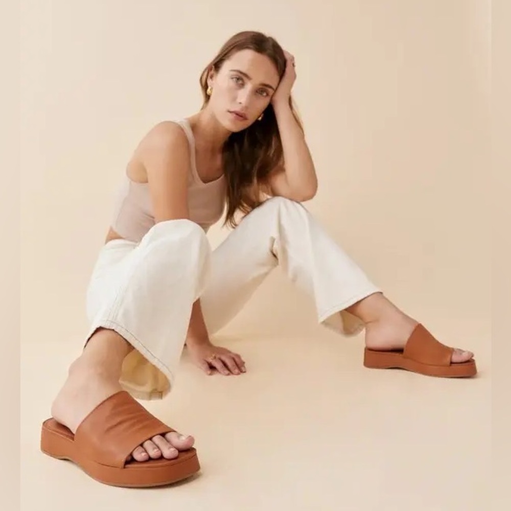 Reformation Tan Leather Platform Slide Mules